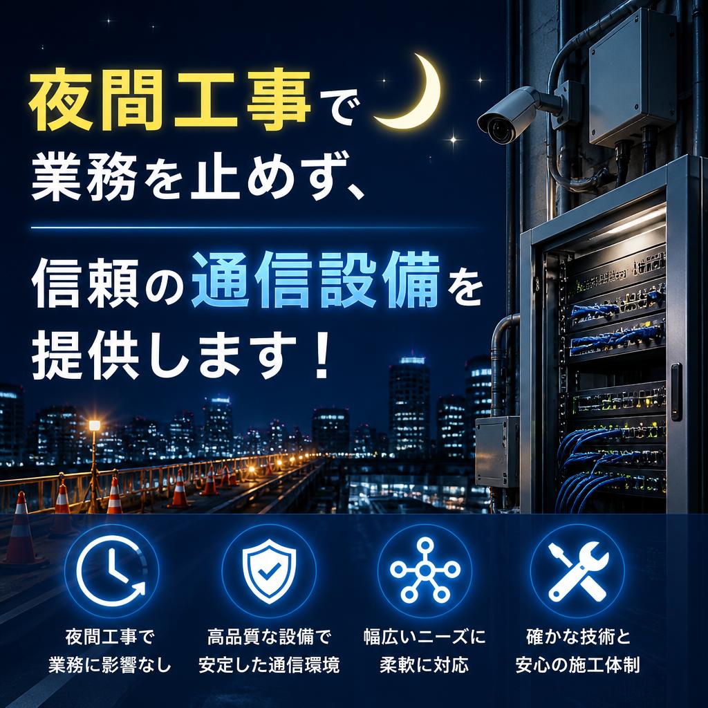 夜間工事で業務を止めず、信頼の通信設備を提供します！